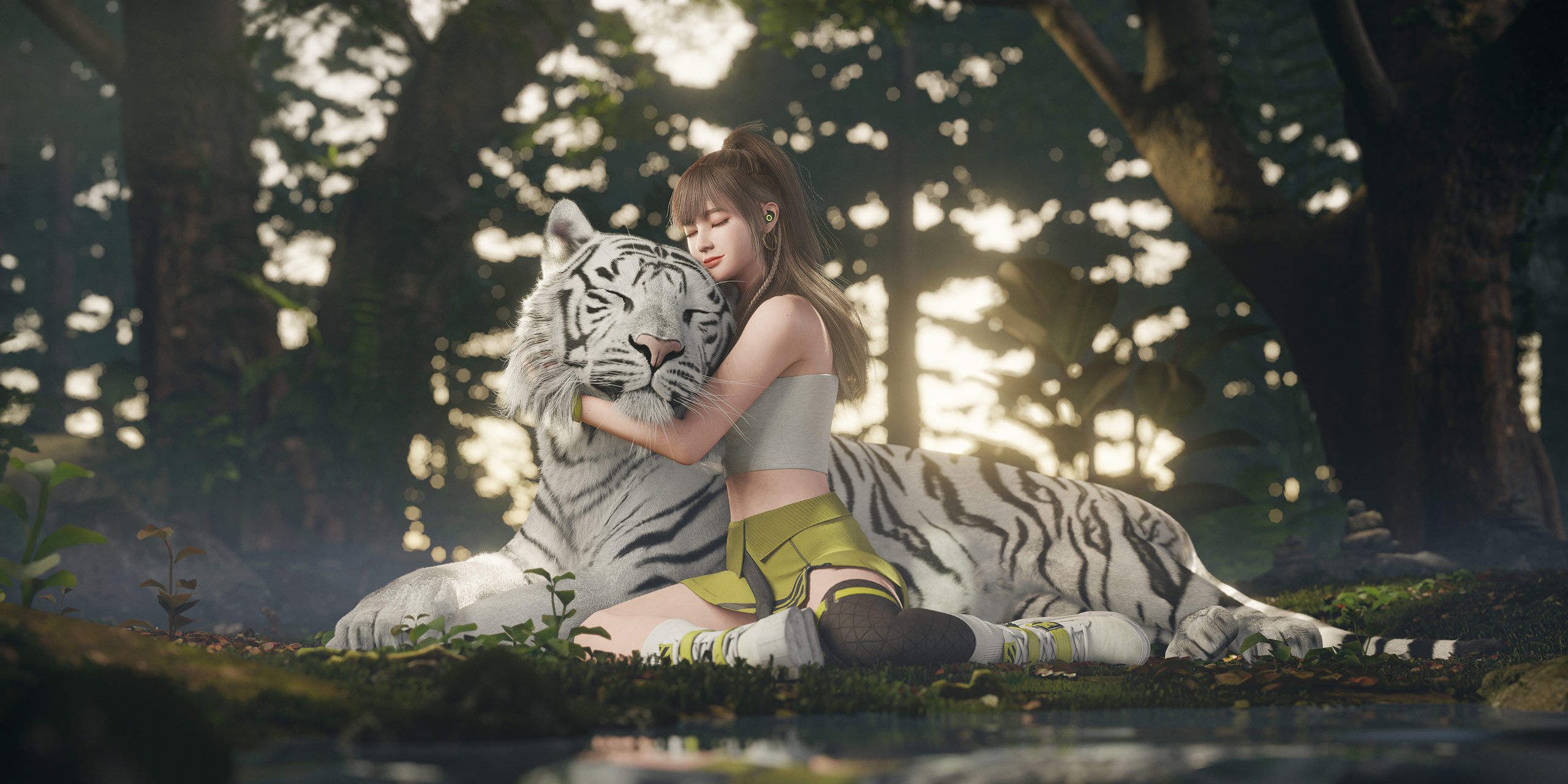 A Girl Hugging her White Tiger in the Woods