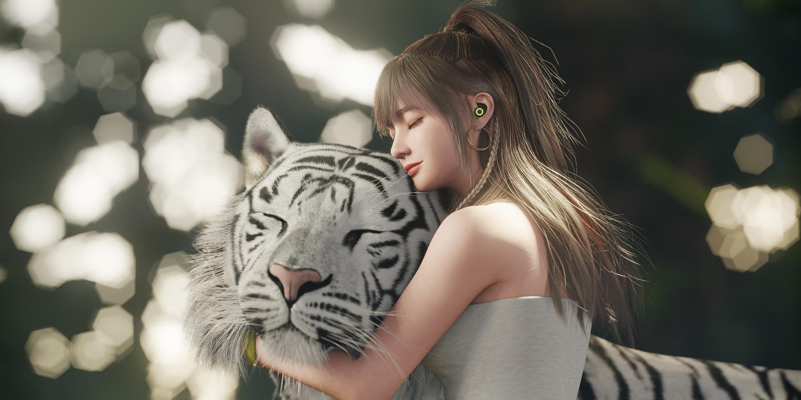 Girl Hugging White Tiger Close-up