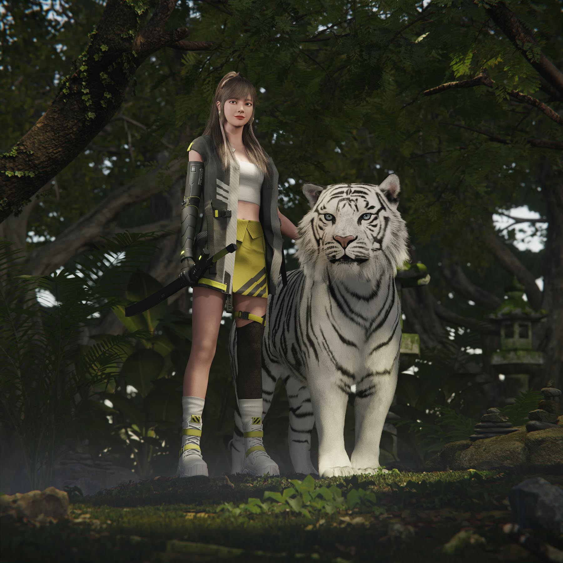 Girl Standing with her Pet White Tiger