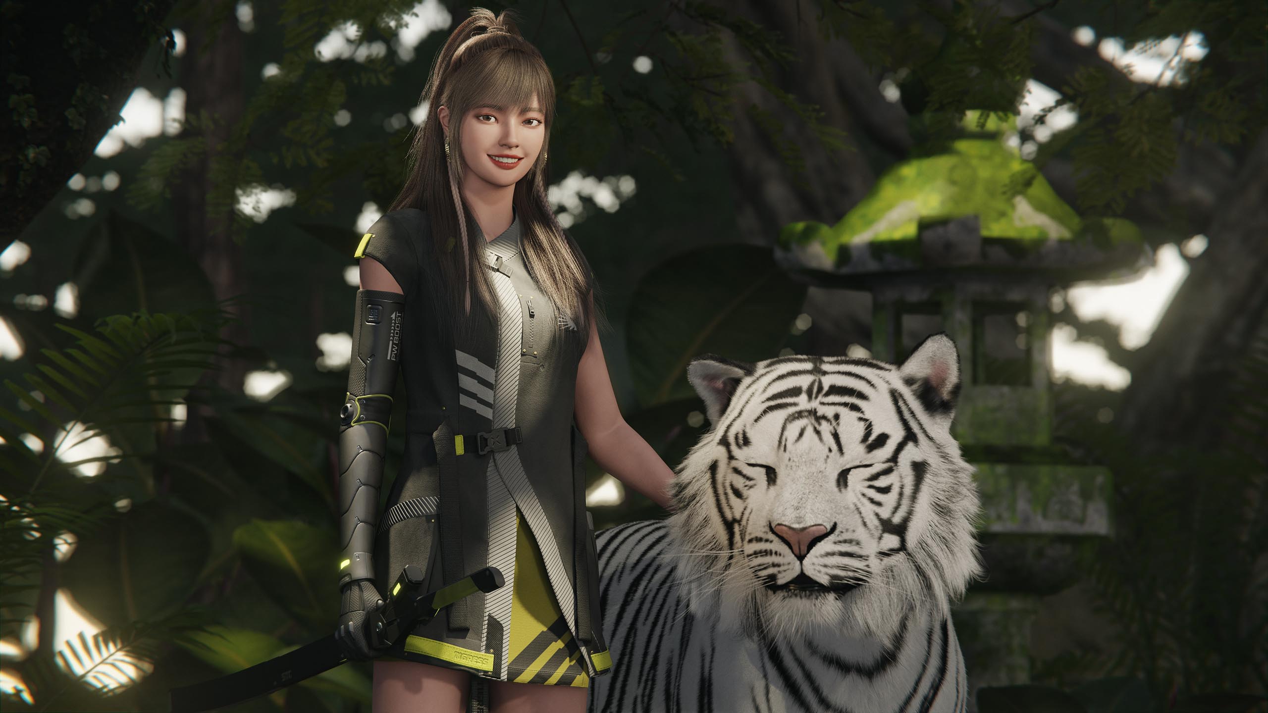 Girl and White Tiger Smiling at Camera