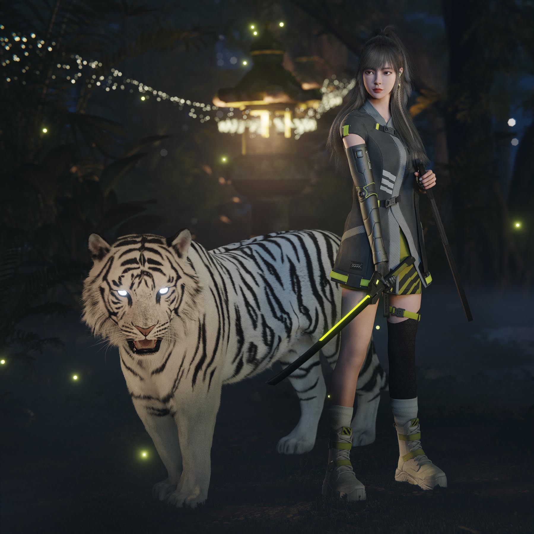 Girl and White Tiger Ready-to-Fight Pose