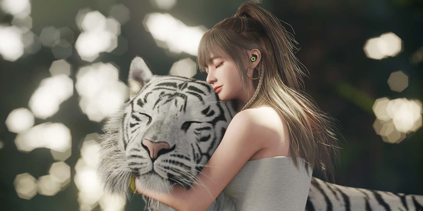 A Girl Hugging a White Tiger Close-up
