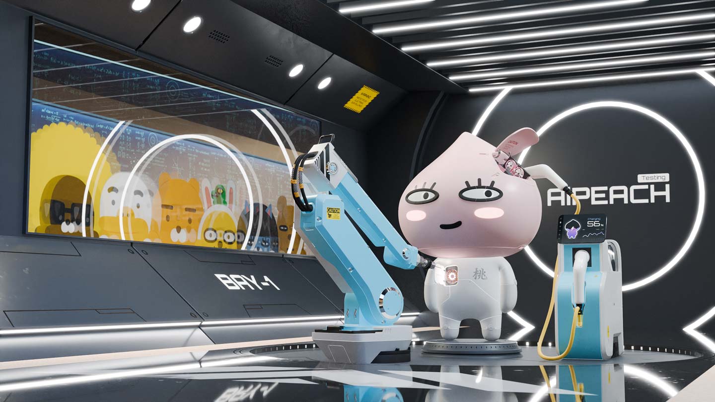 Kakao Apeach Standing in a Lab