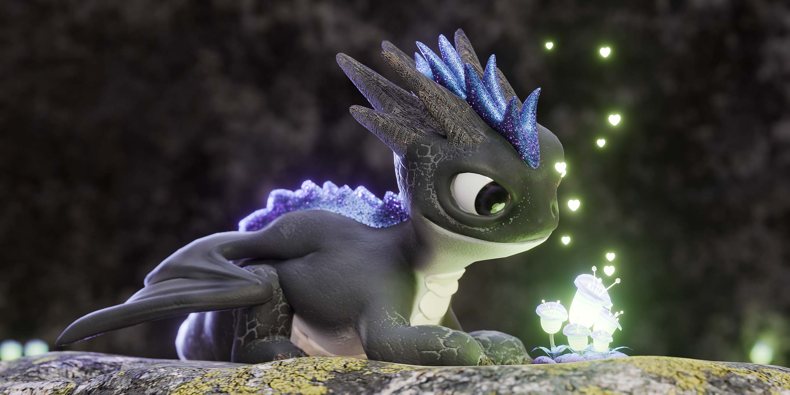 A Black Baby Dragon Watching a Glowing Flower