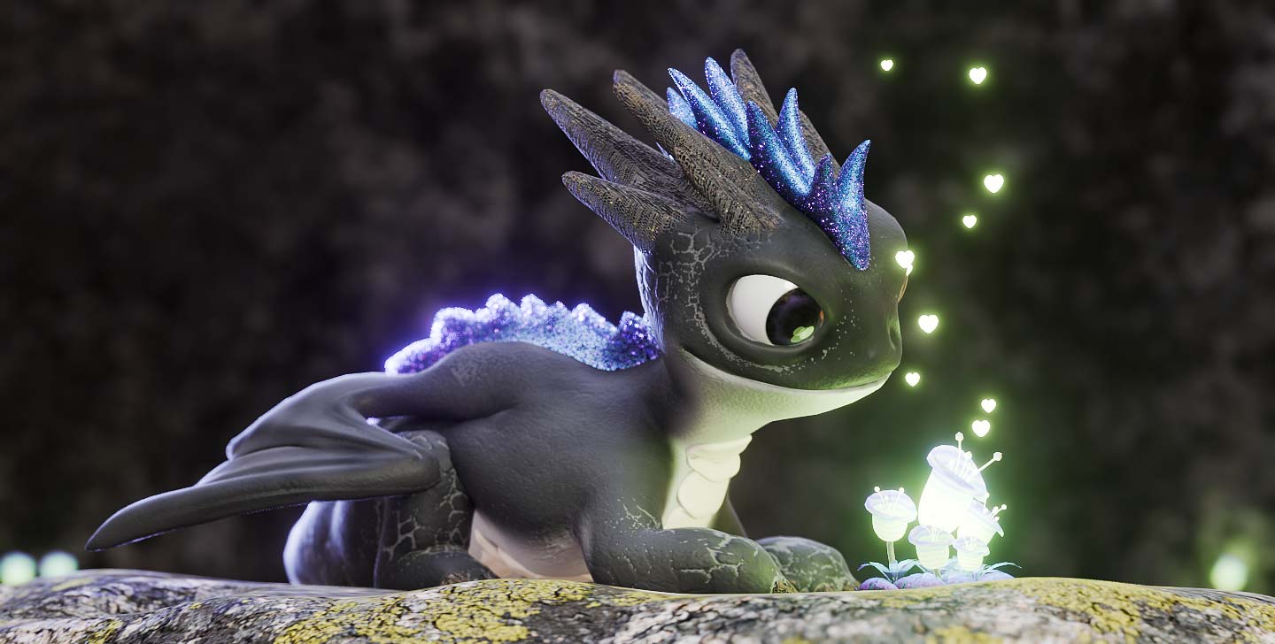 A Black Dragon Baby Watching a Glowing Flower