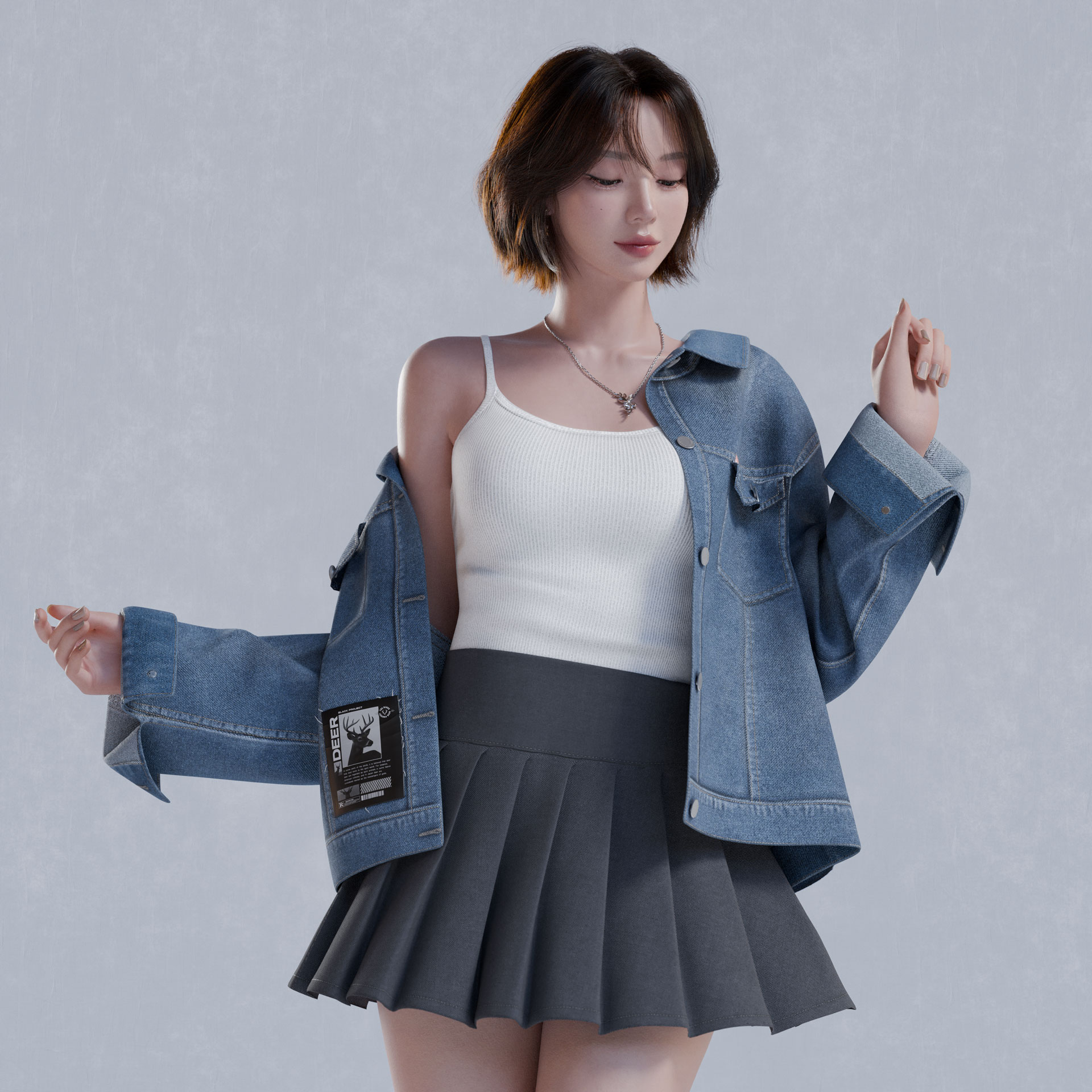 Girl in Denim Looking Downward