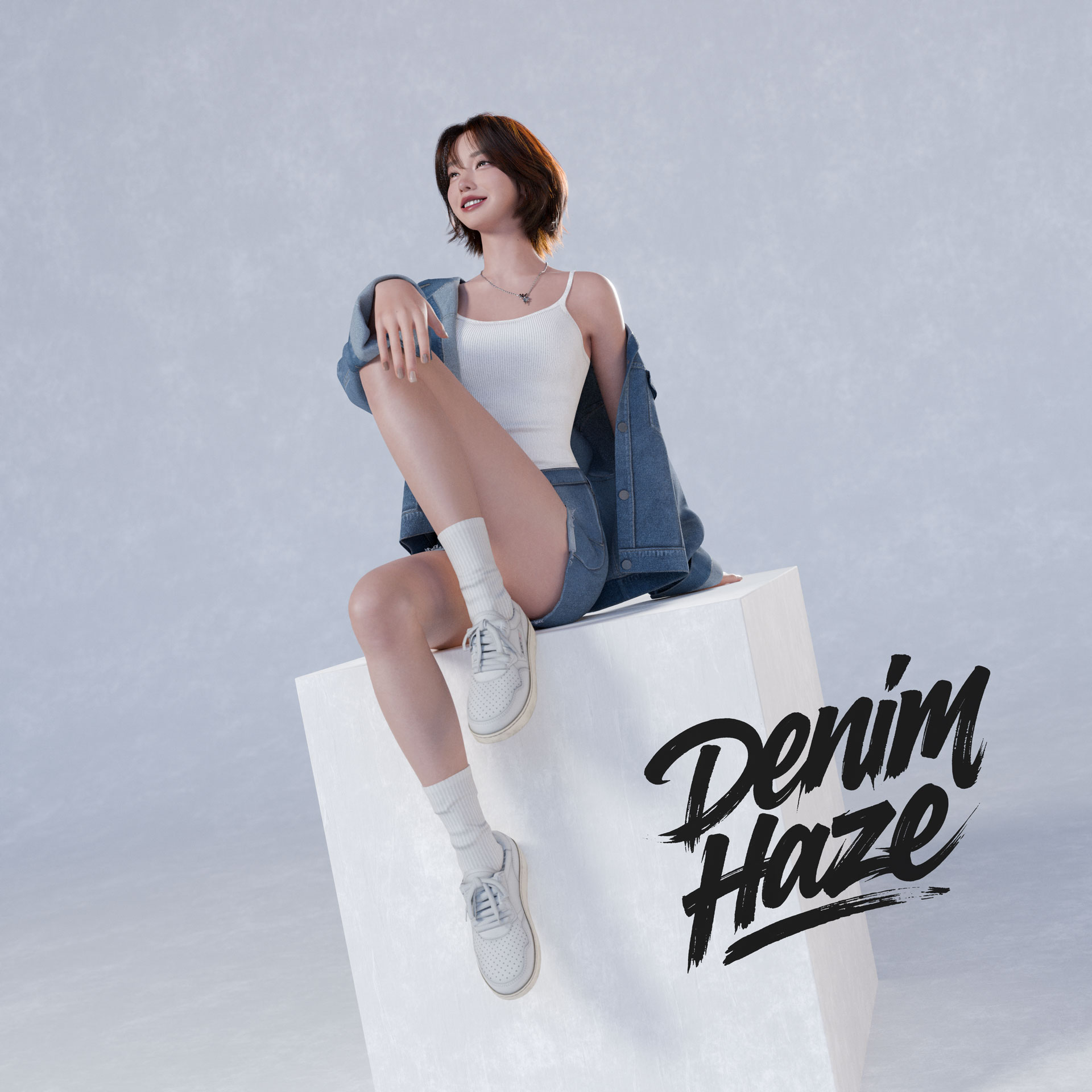 Girl in Denim on a Cube
