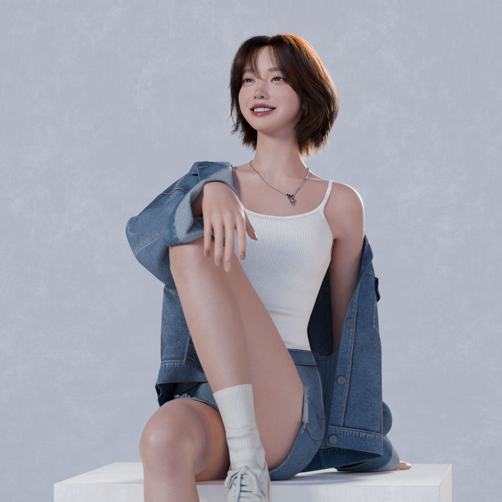 Girl in Denim on a Cube Close-up