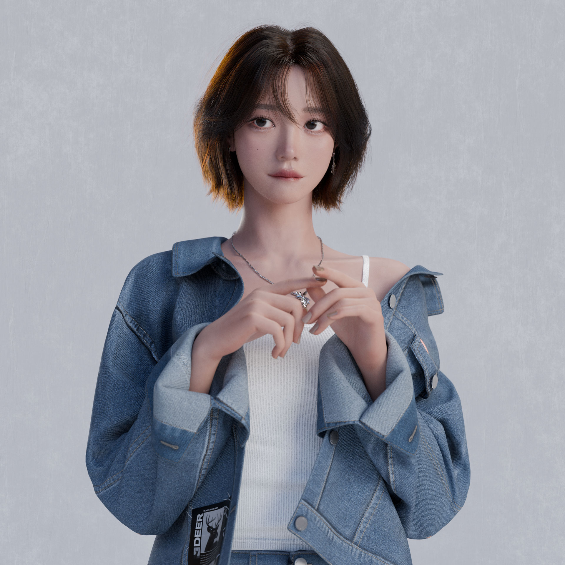 Girl in Denim Shy Expression Front