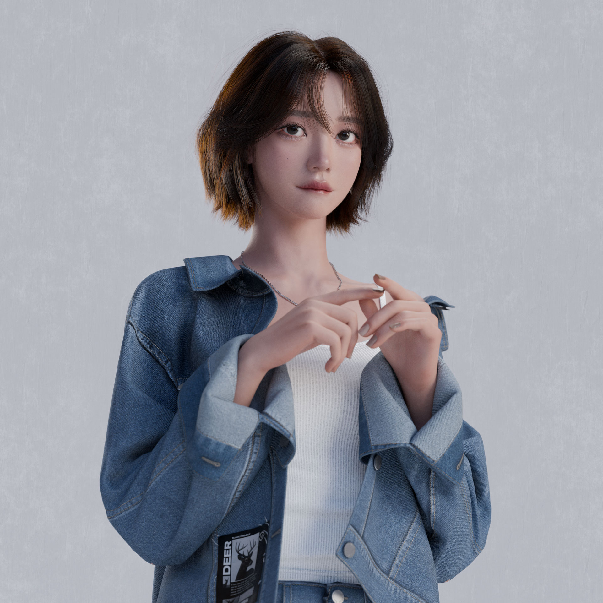 Girl in Denim Shy Expression Quarter View