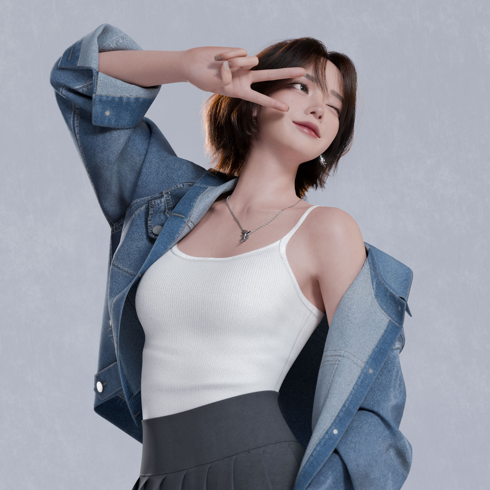 Girl in Denim Victory Gesture Close-up