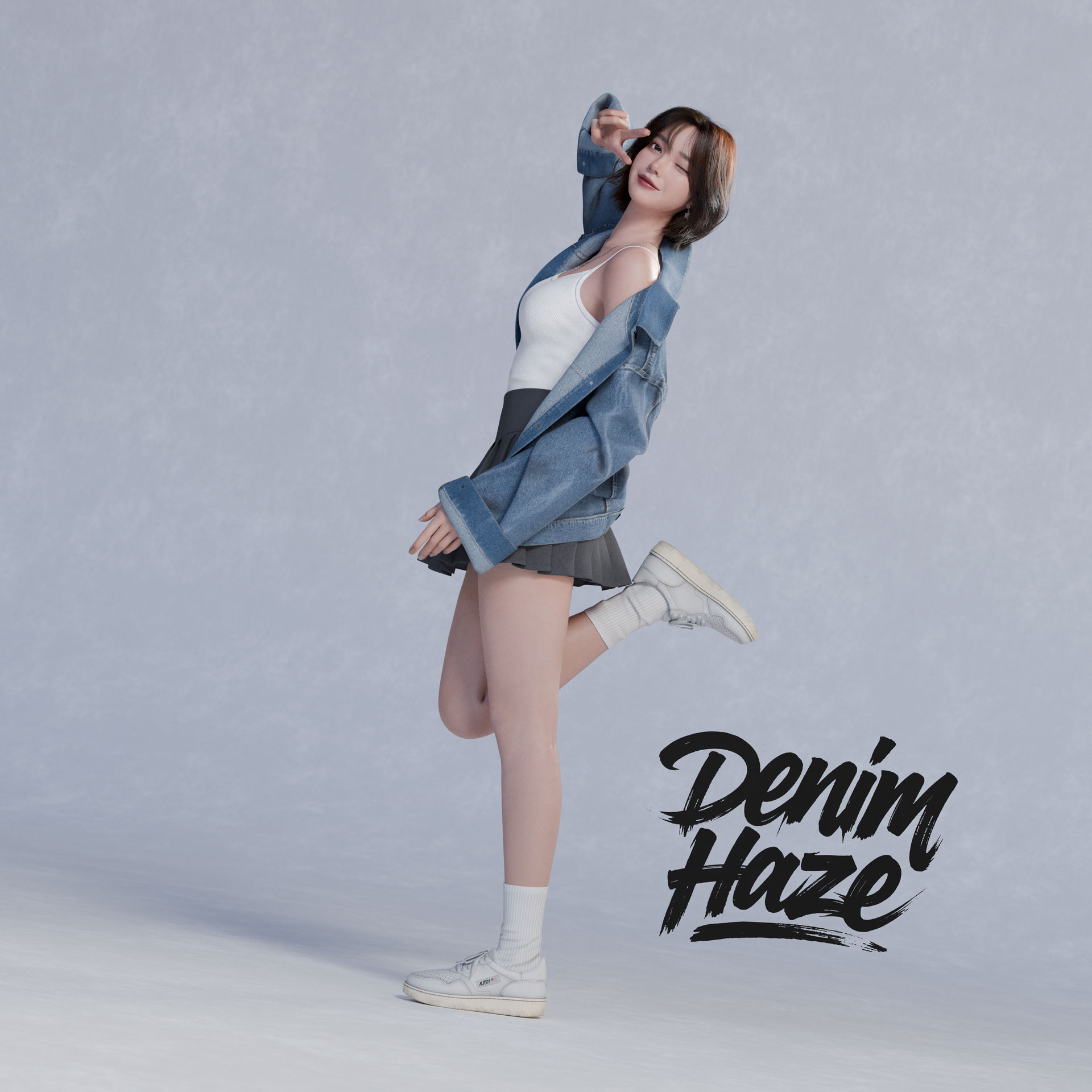 Girl in Denim Victory Gesture