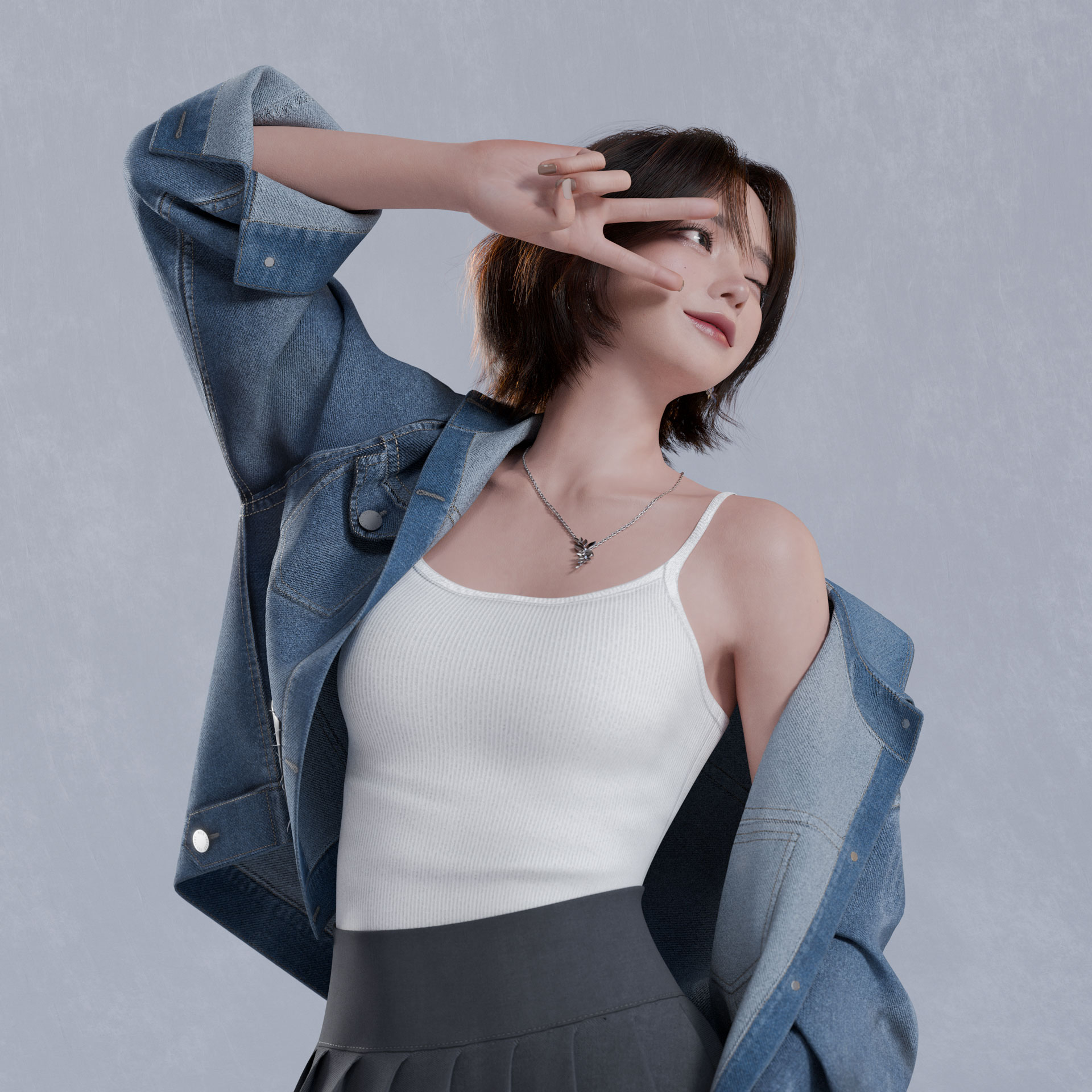 Girl in Denim Victory Gesture