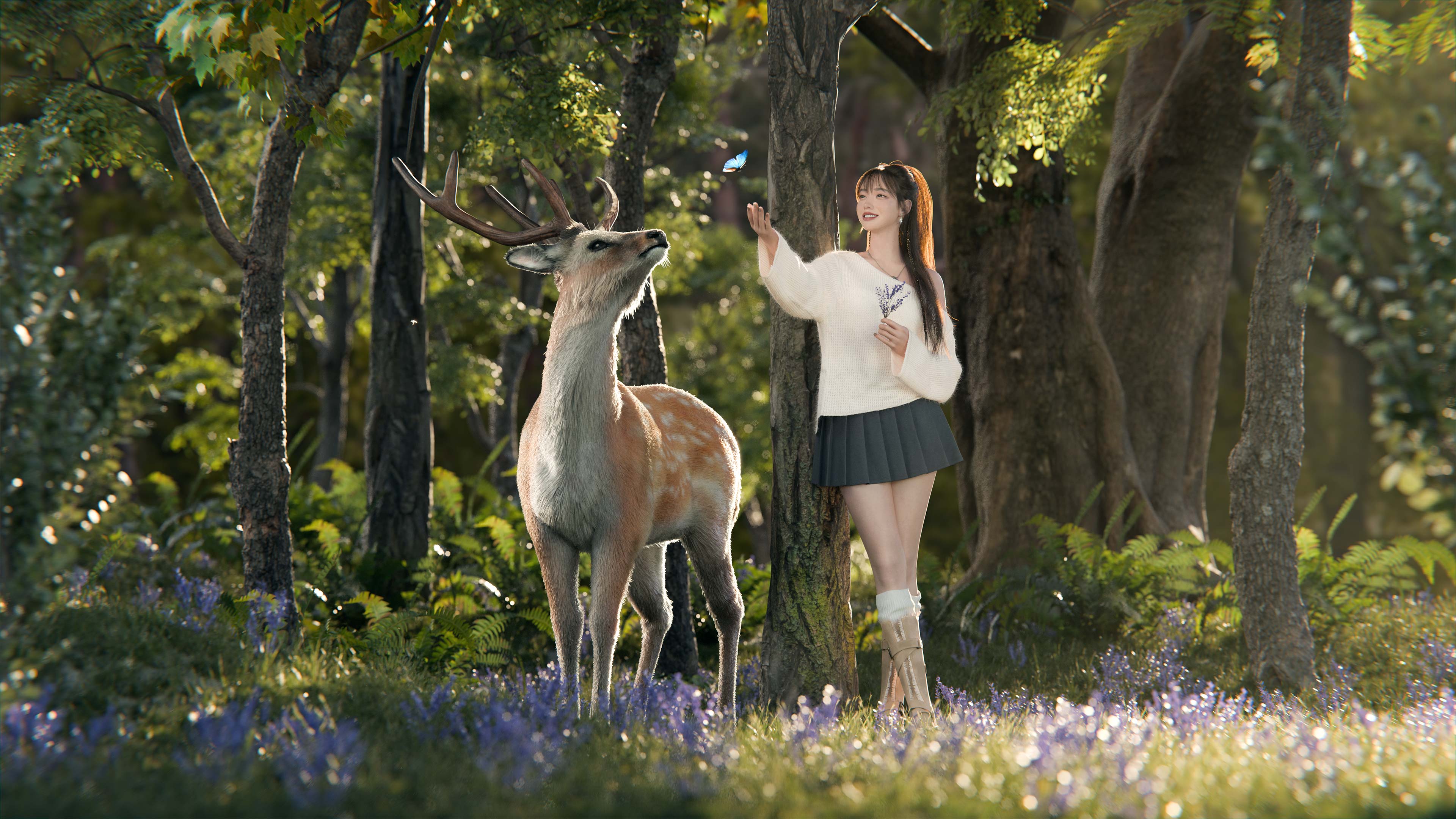 A Girl Standing with a Deer in the Woods