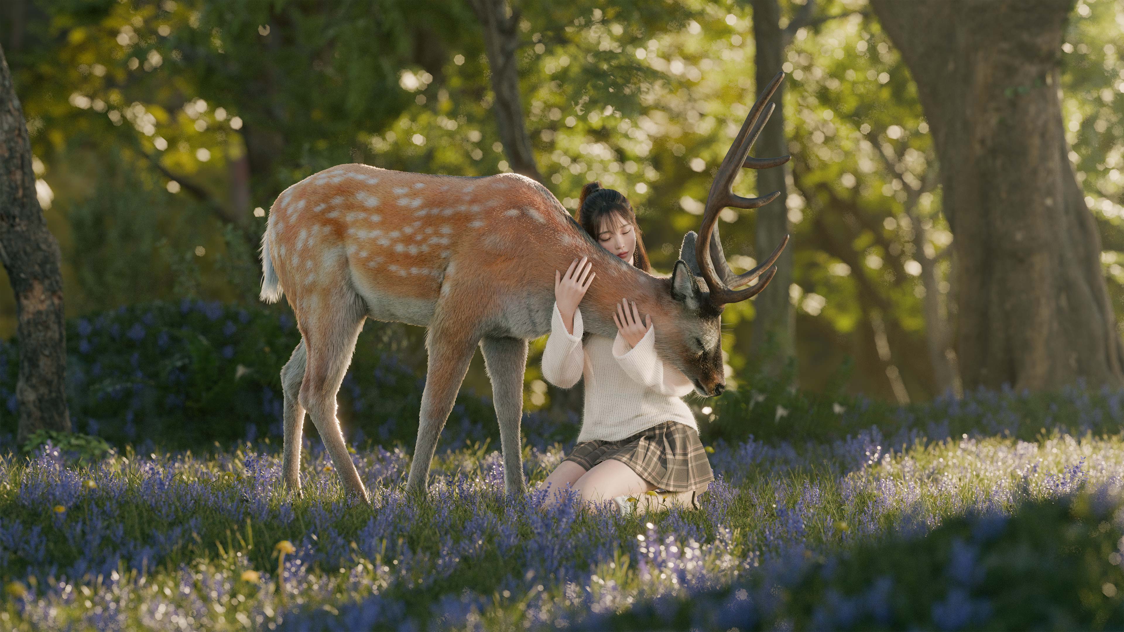Girl Hugging Deer in the Woods