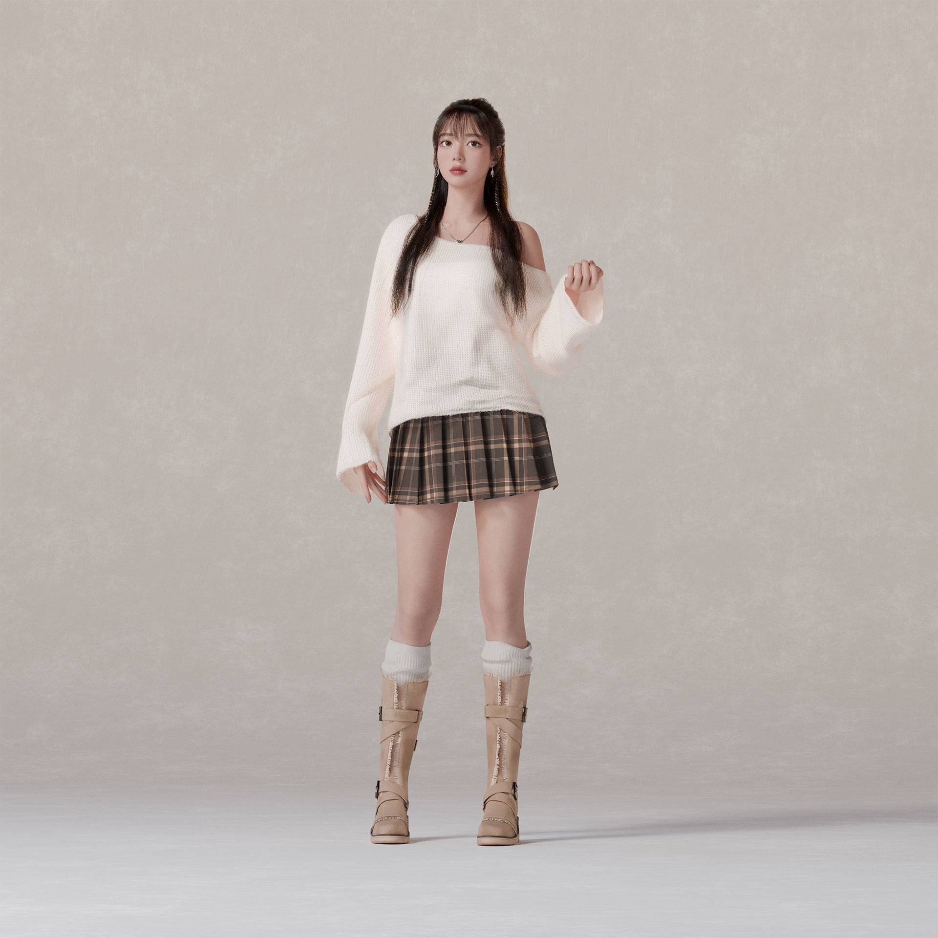 Girl in Knit Sweater and Pleated Skirt Standing in front of Camera